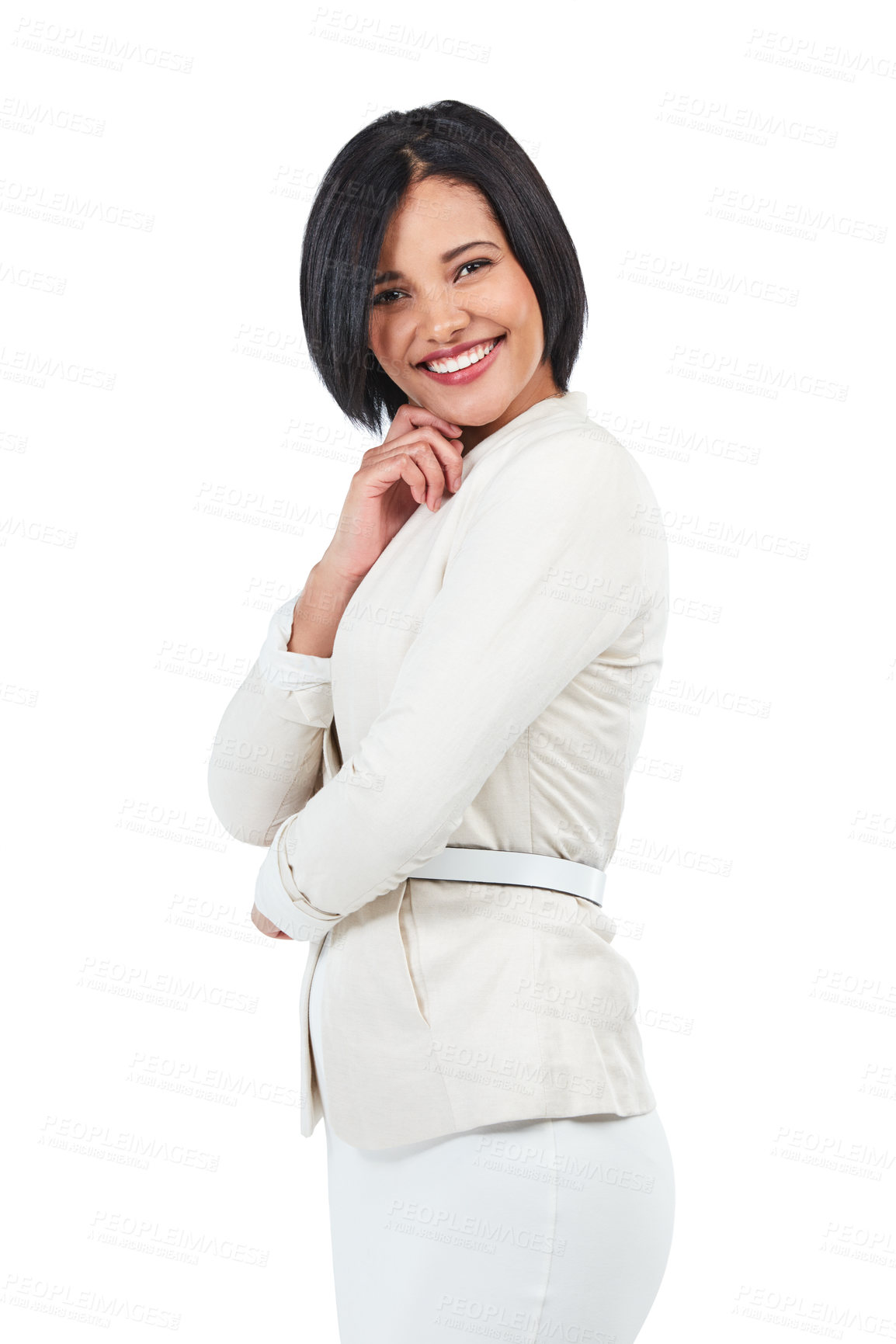 Buy stock photo Happy, confident and portrait of a beautiful woman isolated on a white background in a studio. Smile, professional pride and young stylish employee with class, ambition and elegance on a backdrop