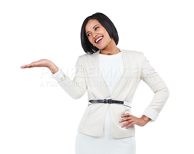 Buy stock photo Display, promotion and black woman on a white background with hand for deal, discount and sign. Mockup, advertising and isolated girl with gesture for presenting, information and product placement