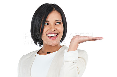 Buy stock photo Advertising, hand promotion and black woman on a white background for deal, discount and sign. Mockup, showing display and isolated girl with gesture for presenting, promo news and product placement