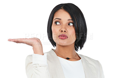 Buy stock photo Advertising, mockup and black woman on a white background with hand for deal, discount and sign. Display, promotion and isolated headshot of girl for presenting news, showing and product placement