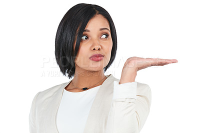 Buy stock photo Advertising, promotion and black woman on a white background with hand for deal, discount and sign. Mockup, display and isolated girl with gesture for presenting promo, showing and product placement