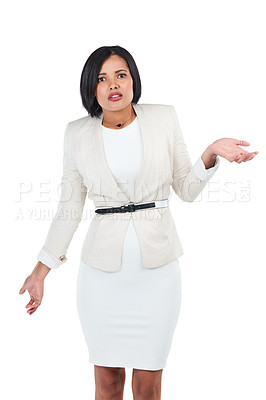 Buy stock photo Corporate studio portrait, black woman and question with hand gesture by white background with style. Isolated manager, business leader and profession with confused hand sign for workplace problem