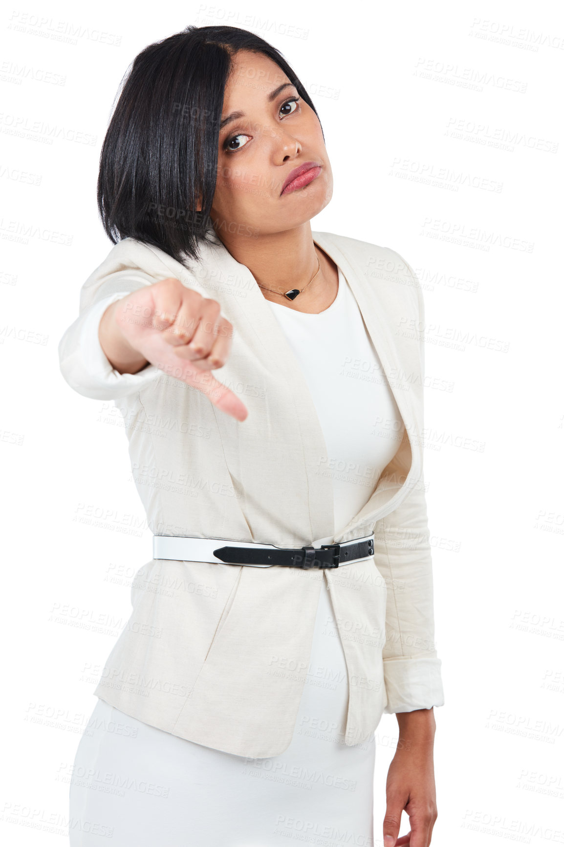 Buy stock photo Businesswoman, thumbs down and isolated on a white background standing with sad expression. Portrait of young business woman, person or model showing thumb down gesture on a white studio background