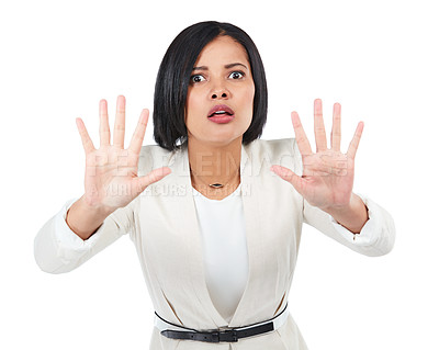 Buy stock photo Scared, stop and portrait of a woman in a studio with a fear, shock and terrified facial expression. Defense, warning and female model with hand gesture or body language isolated by white background.