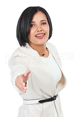 Buy stock photo Corporate studio portrait, black woman and handshake with welcome, onboarding or respect by white background. Isolated manager, hr expert or ceo leader with hand shake for human resources recruitment