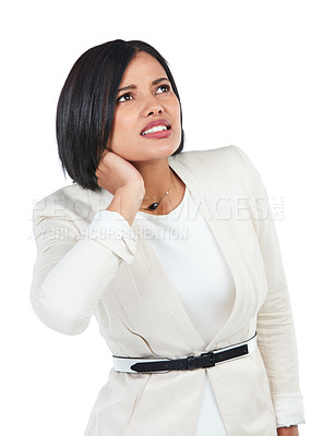 Buy stock photo Woman, corporate and studio for neck pain, burnout and tired by white background. Executive leader, isolated entrepreneur or boss for stress injury, hurt muscle and frustrated professional in suit