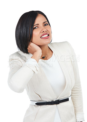 Buy stock photo Woman, corporate portrait or neck pain in studio from stress, burnout or tired by white background. Black woman, business leader or isolated for injury, hurt muscle or frustrated in professional suit