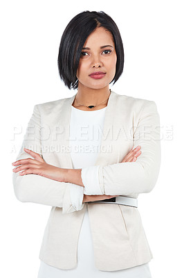 Buy stock photo Business woman, portrait with arms crossed and confidence, professional person and CEO isolated on white background. Corporate executive, success and vision with focus, management and leadership