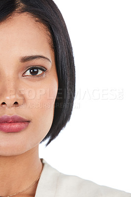 Buy stock photo Confident, beautiful and portrait of the face of a woman isolated on a white background in studio. Serious, half and facial profile of a young professional girl with confidence on a studio background