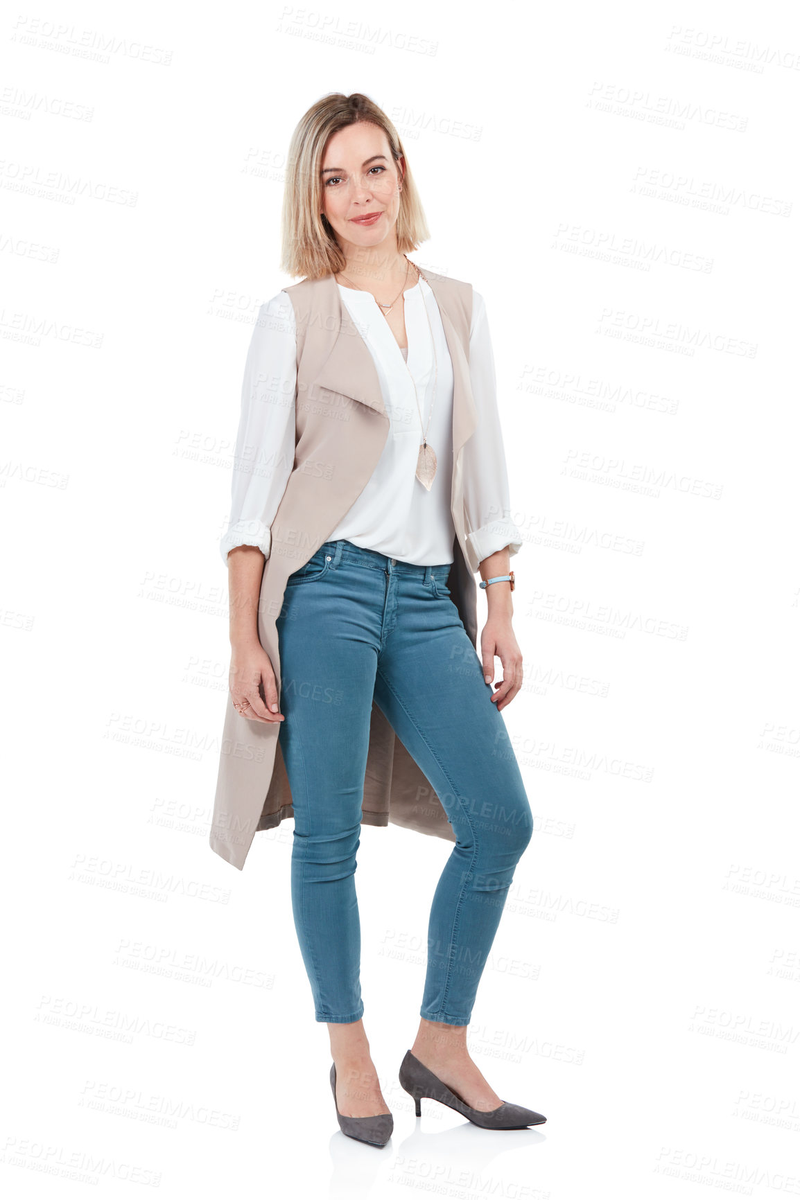 Buy stock photo Studio portrait, woman and confident with fashion for workplace with beauty, style and white background. Isolated corporate leader, vision and motivation with clothes, jeans and happiness in career