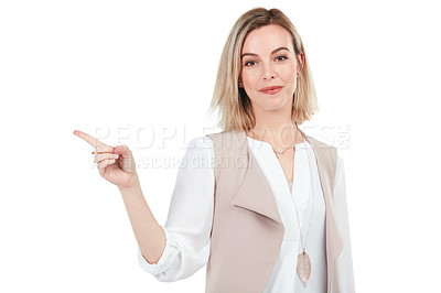 Buy stock photo Pointing finger, advertising and woman on a white background for deal, discount and sign. Mockup, display and isolated girl with hand gesture for presenting, promo information and product placement