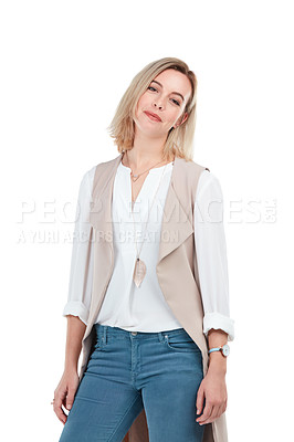 Buy stock photo Fashion, woman and portrait of a model with isolated white background with cool and modern style. Person, calm and jeans of a female alone with casual denim look standing in a studio feeling stylish