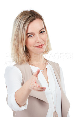 Buy stock photo White background, handshake and portrait of business woman for welcome, thank you and recruitment. Corporate worker, mockup and isolated girl shaking hands for partnership, deal and success in studio