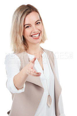 Buy stock photo Smiling, friendly and portrait of a woman with a handshake isolated on white background in studio. Thank you, trust and hr worker with hand for hello, greeting and recruitment on a studio background