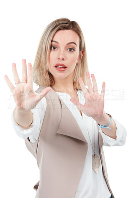 Buy stock photo Stop business woman and wait sign or hand gesture looking serious and isolated against a studio white background. Portrait of warning, no or corporate employee assertive rejection with palm