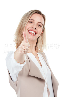Buy stock photo Happy, thumbs up and portrait of woman in studio with positive agreement, winner or success gesture. Happiness of young person in isolated white background with smile for ok or approval of people.