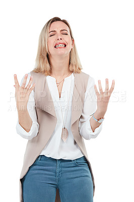 Buy stock photo Woman crying, frustrated hand gesture and angry person stressed, isolated on white background. People with mental health problem in studio, sad woman with hands up in frustration, anger and burnout.