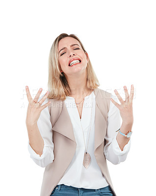 Buy stock photo Stress, woman and frustrated hand gesture, portrait of isolated person crying on white background. People with mental health problem in studio with burnout and sad woman with hands up in frustration.