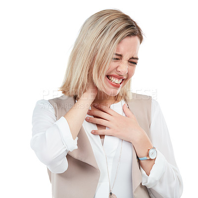 Buy stock photo Neck pain, injury and woman in a studio with a medical emergency, muscle tension or discomfort. Stress, sore and female model with hurt or uncomfortable muscles or spine isolated by white background.