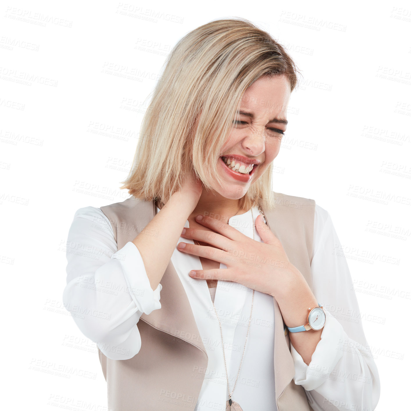 Buy stock photo Neck pain, injury and woman in a studio with a medical emergency, muscle tension or discomfort. Stress, sore and female model with hurt or uncomfortable muscles or spine isolated by white background.