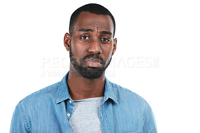 Buy stock photo Sad, depression and portrait of a serious black man isolated on a white background in studio. Anxiety, unhappy and face of an African man with a beard, problem and style on a studio background