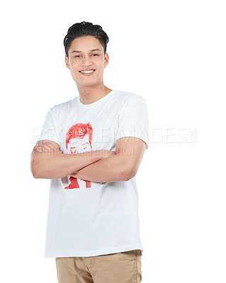 Buy stock photo Arms crossed, happy man and portrait of a Asian person happy with a smile isolated in a studio. White background, male and model smiling with happiness with mock up space and positivity alone