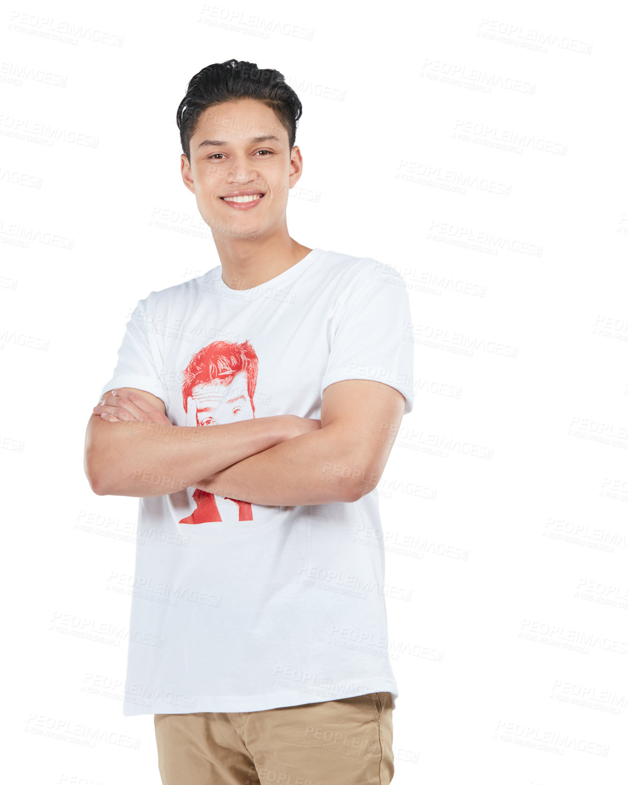 Buy stock photo Arms crossed, happy man and portrait of a Asian person happy with a smile isolated in a studio. White background, male and model smiling with happiness with mock up space and positivity alone