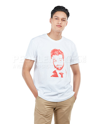 Buy stock photo Cool, trendy and portrait of a handsome Asian man isolated on a white background in studio. Confidence, attractive and relaxed Japanese model in casual clothing for fashion on a studio background