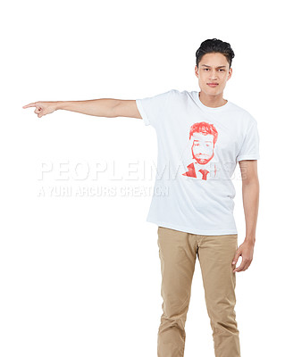 Buy stock photo Idea, mockup and pointing with portrait of asian man for question, product and deal choice. Target, solution and sales with isolated guy for discount, decision and planning in white background studio