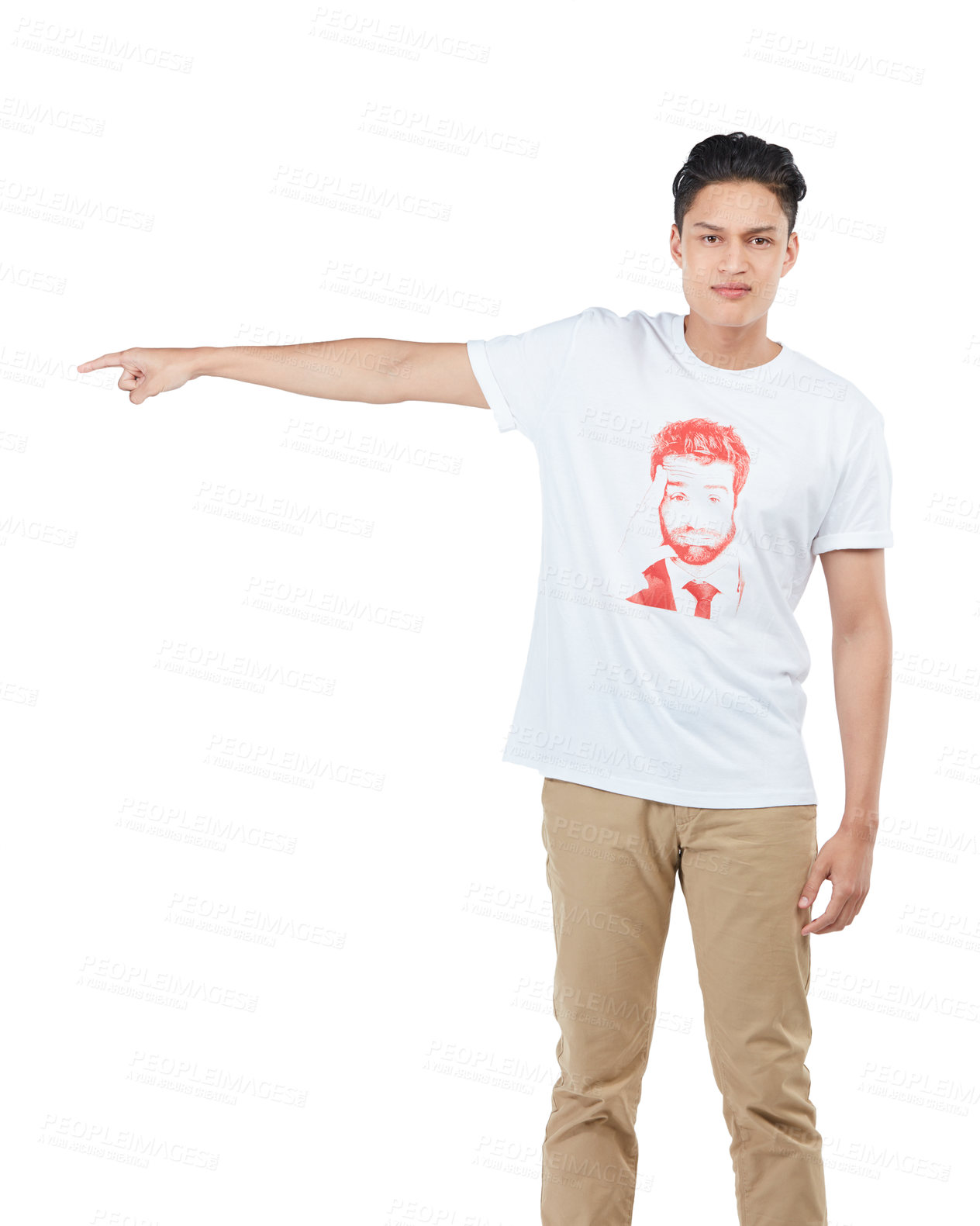 Buy stock photo Idea, mockup and pointing with portrait of asian man for question, product and deal choice. Target, solution and sales with isolated guy for discount, decision and planning in white background studio