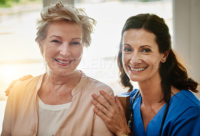 Buy stock photo Portrait of a smiling senior woman and a nurse in assisted living facility