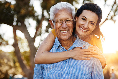 Buy stock photo Portrait of happy woman posing outside with her mature father