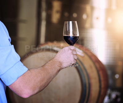 Buy stock photo Cropped shot of a man holding a glass of wine in a wine cellar