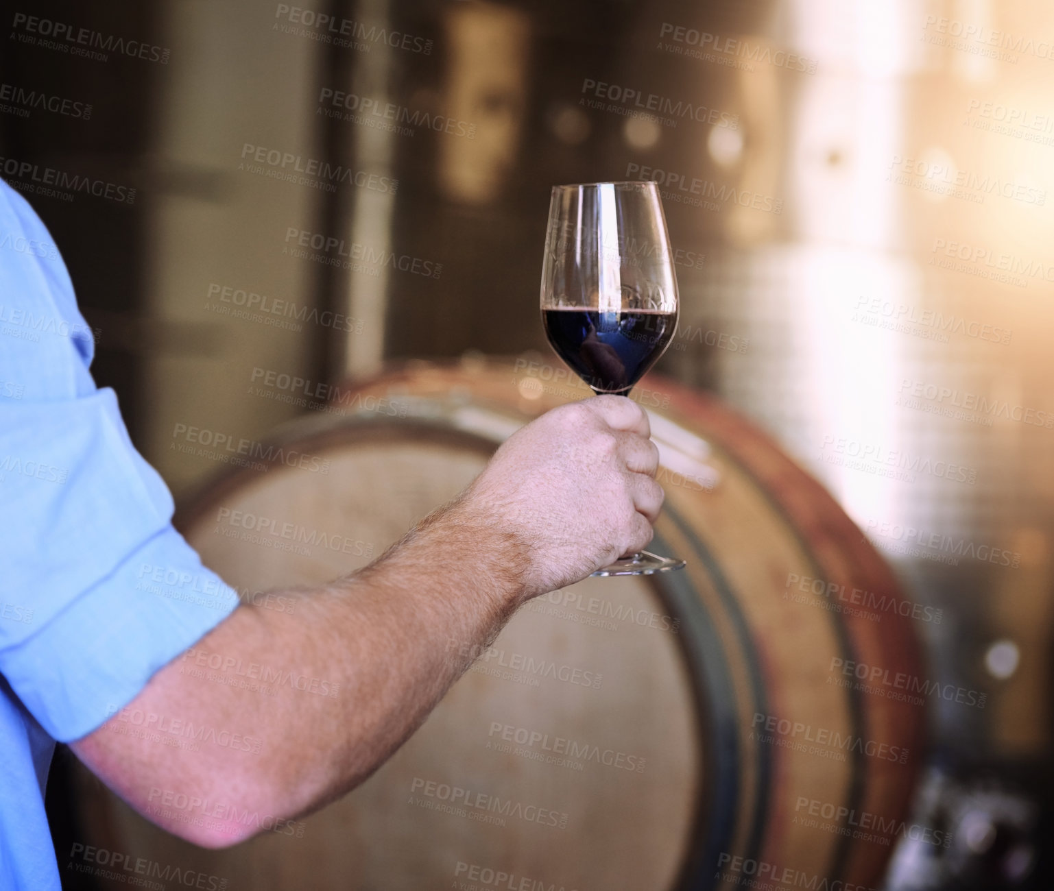 Buy stock photo Cropped shot of a man holding a glass of wine in a wine cellar