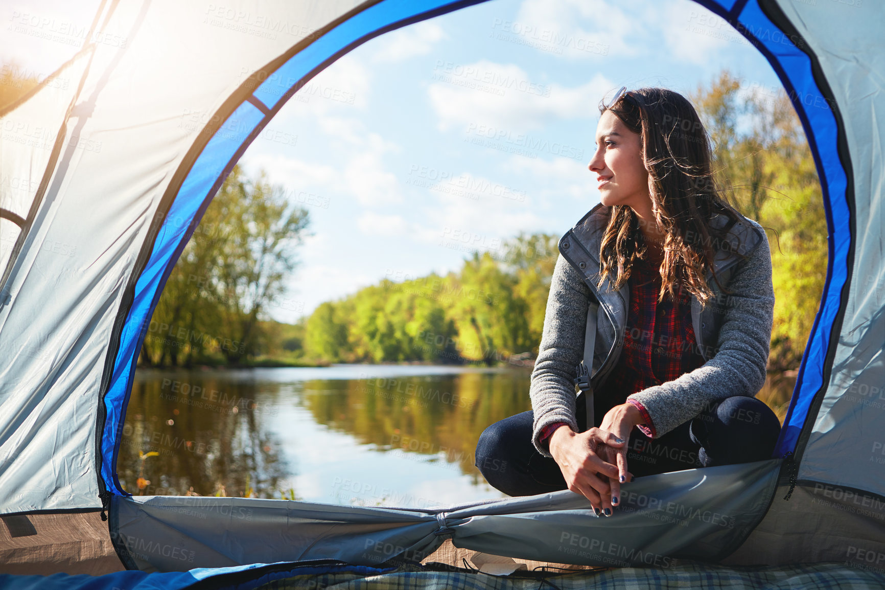 Buy stock photo Thinking, travel and camping with woman in tent for adventure, wilderness holiday and reflection. Vision, memory and vacation campsite with female person outdoor for tourism, perspective and nature