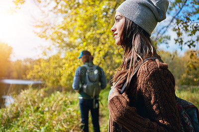 Buy stock photo Cropped shot of an affectionate young couple spending a day in nature