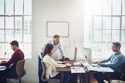 Buy stock photo Woman, working and help with manager on computer for web design, email with new lead for business. Group, workplace and leader with check on technology for support, campaign for website development