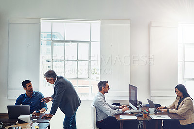 Buy stock photo Productivity, office and business people at desk working on  project, planning and marketing strategy. Corporate startup, teamwork and agency staff sitting at table, typing on computer and in meeting
