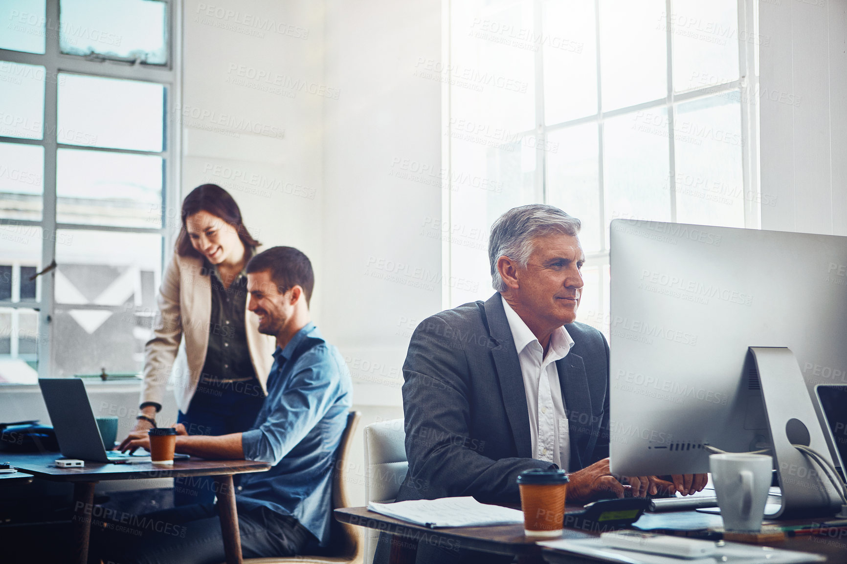 Buy stock photo Office, talk and business people with manager for consult or question in company with discussion. Boss, technology and busy work environment with auditors in firm with employees support in Sweden.