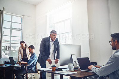 Buy stock photo Teamwork, productivity and business people at desk with computer for project, planning and email. Corporate workplace, startup agency and employees sitting at table, in meeting and coworking on ideas