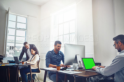 Buy stock photo Green screen, laptop and businessman typing at a web design startup company office with a working team. Teamwork, management or group of employees at a coworking agency as a workforce