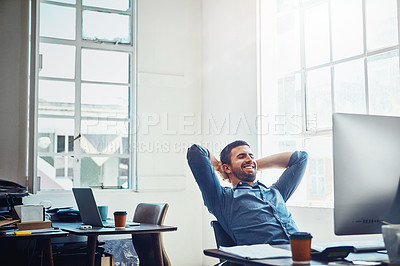 Buy stock photo Relax, office and businessman with hands behind his head after project success or achievement. Rest, productivity and professional male employee with finish work sitting by his desk in the workplace.