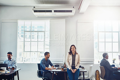 Buy stock photo Leadership, office building and portrait of woman with business people for success, vision and mission. Corporate manager, teamwork and female worker with staff for productivity, working and goal