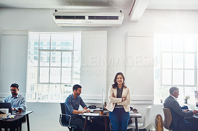 Buy stock photo Woman, leader and office portrait with business people, confident smile or arms crossed for success. Manager, leadership and happy for corporate staff, teamwork or group for goal, vision or marketing