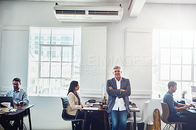 Buy stock photo Man, leader and office portrait with staff, happy and confident smile with arms crossed for success. Senior manager, leadership and focus for corporate teamwork, group cooperation or marketing vision