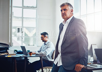 Buy stock photo Success, vision and manager thinking of a plan, ideas and strategy for work at a corporate company. CEO, executive and mature businessman with an idea for a professional agency in the workplace