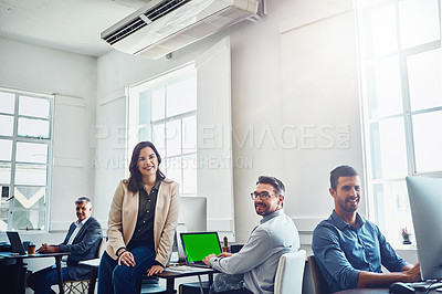 Buy stock photo Laptop green screen, teamwork and portrait of business people in office. Collaboration, mockup product placement and group of employees with computers planning marketing, advertising or sales project