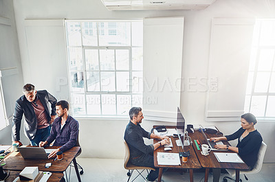 Buy stock photo Teamwork, office and business collaboration by at a startup company or agency with a working team. Management, staff and coworking group or workforce of professional colleagues at the workplace