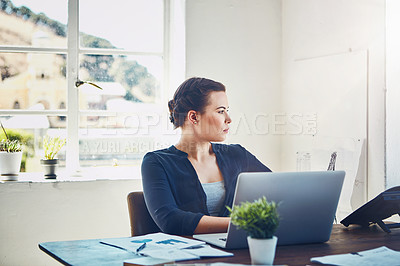 Buy stock photo Business woman, accountant and thinking with laptop for financial strategy, growth or profit at office. Female person or employee in wonder with documents and computer for finance or budget planning
