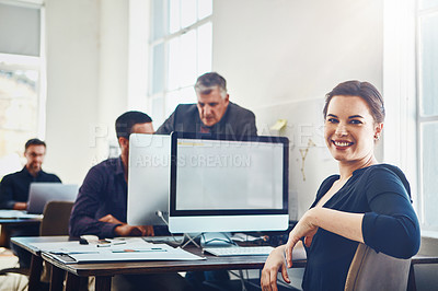 Buy stock photo Woman, portrait and happy in office with computer for research and product development for company with innovation. Business people, conversation and collaboration for problem solving and mockup.